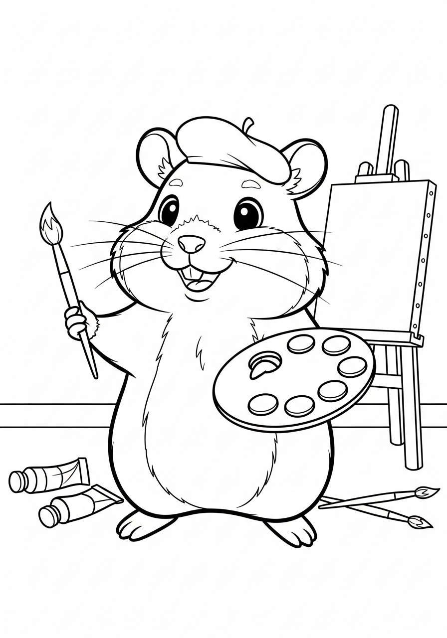 Artist hamster painting on canvas coloring page