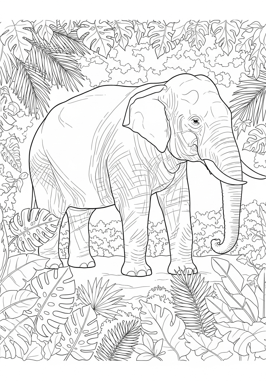 Elephant Coloring Pages 4 Asian elephant in dense jungle coloring page