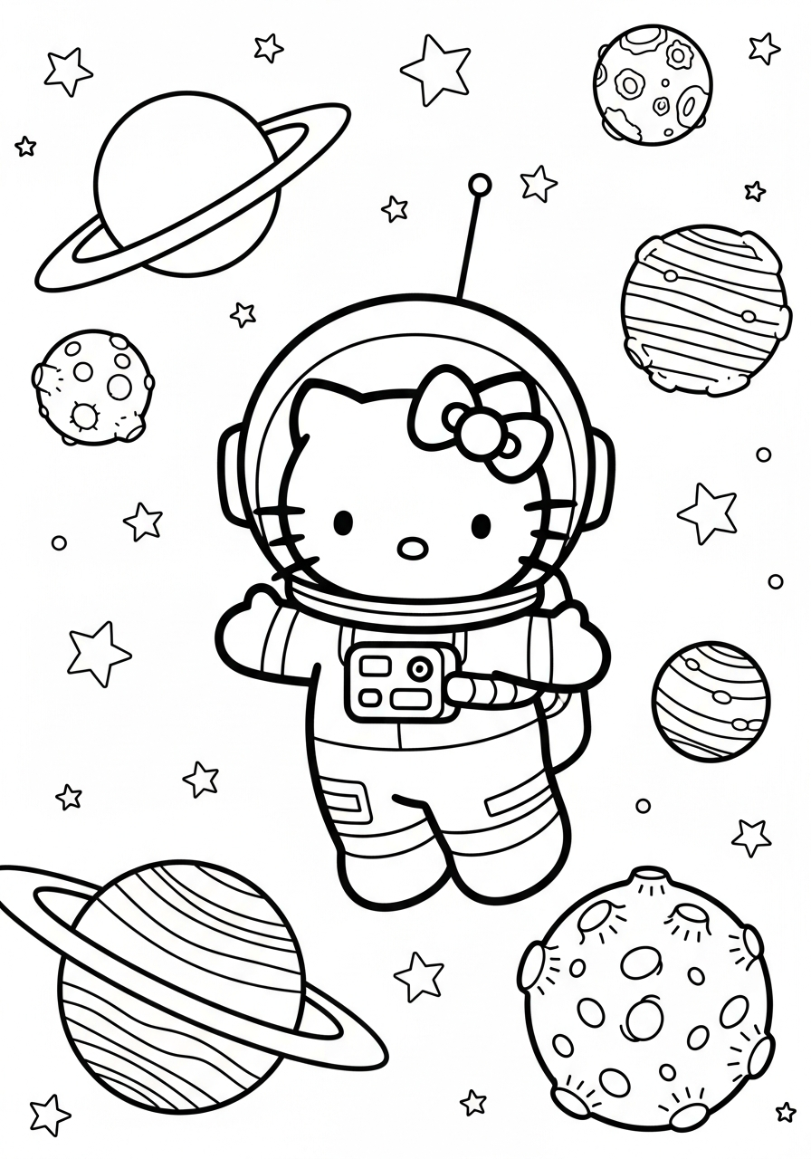 Astronaut Hello Kitty floating in space coloring page