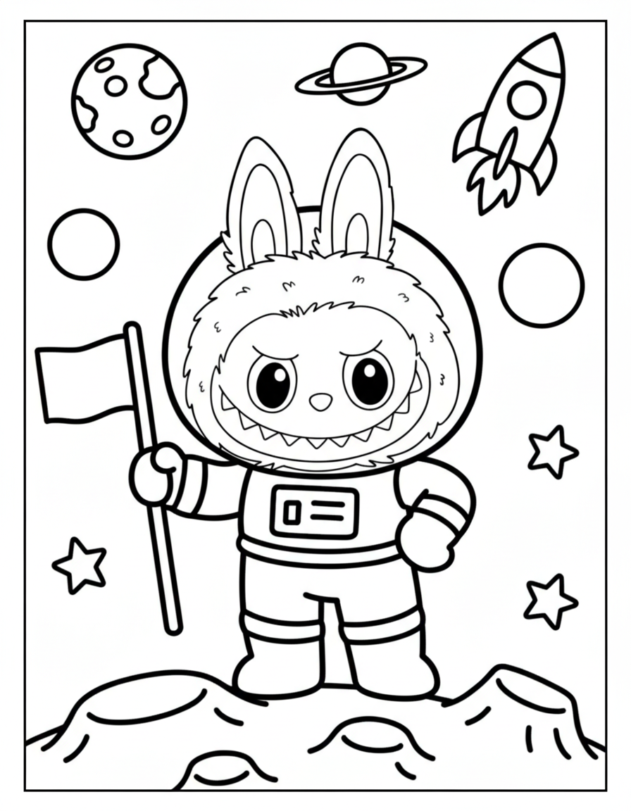 Astronaut Labubu on moon with flag coloring page