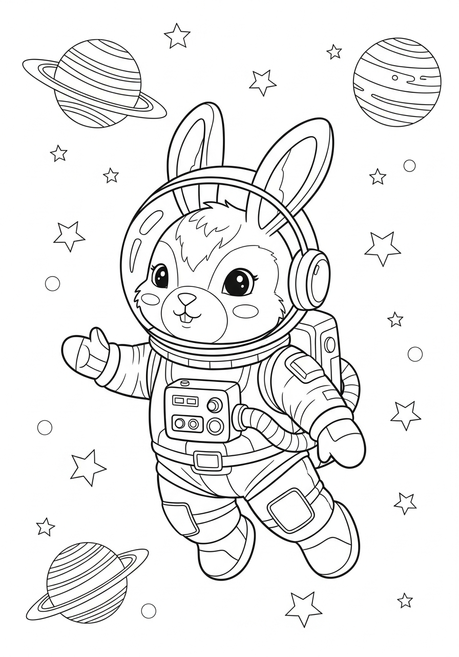 Astronaut bunny in outer space coloring page