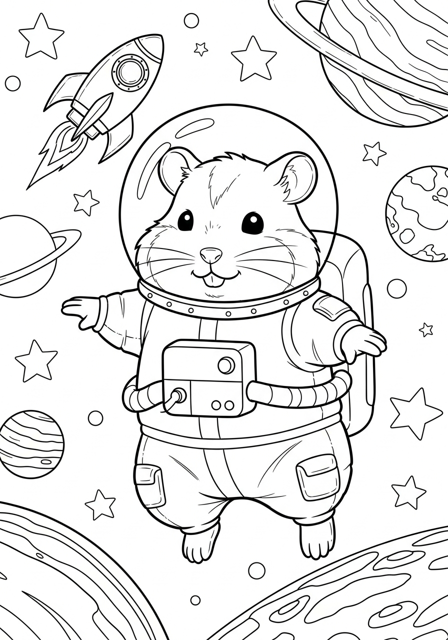 Astronaut hamster in outer space coloring page