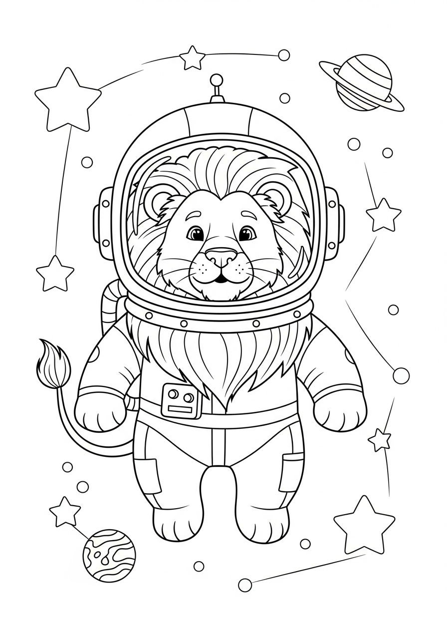 Astronaut lion floating in space coloring page