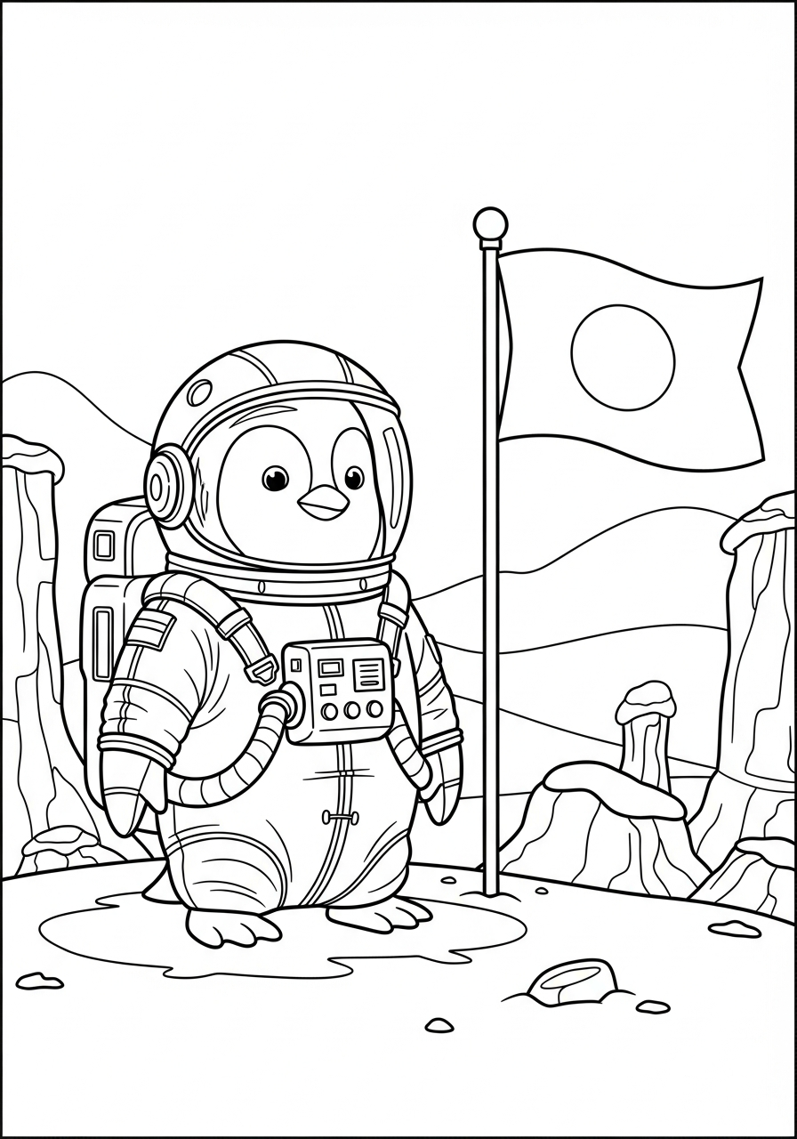 Astronaut penguin in space suit coloring page