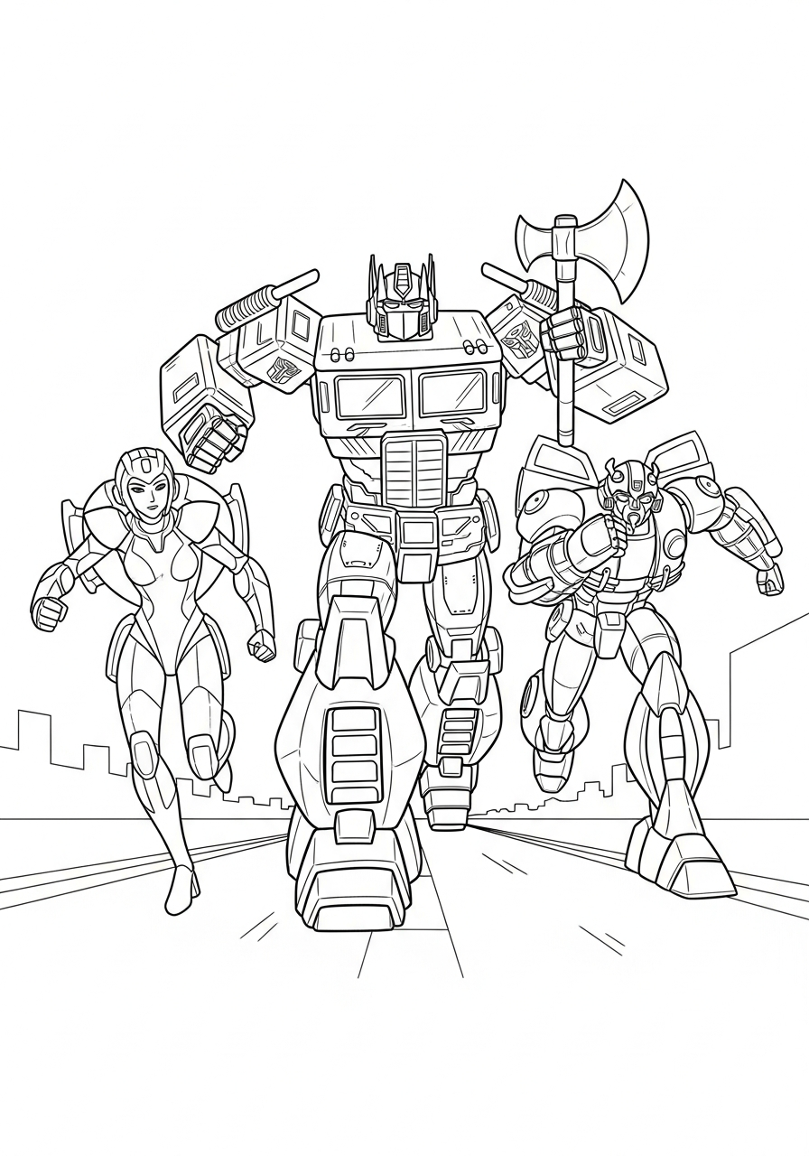 Autobots team running into action coloring page