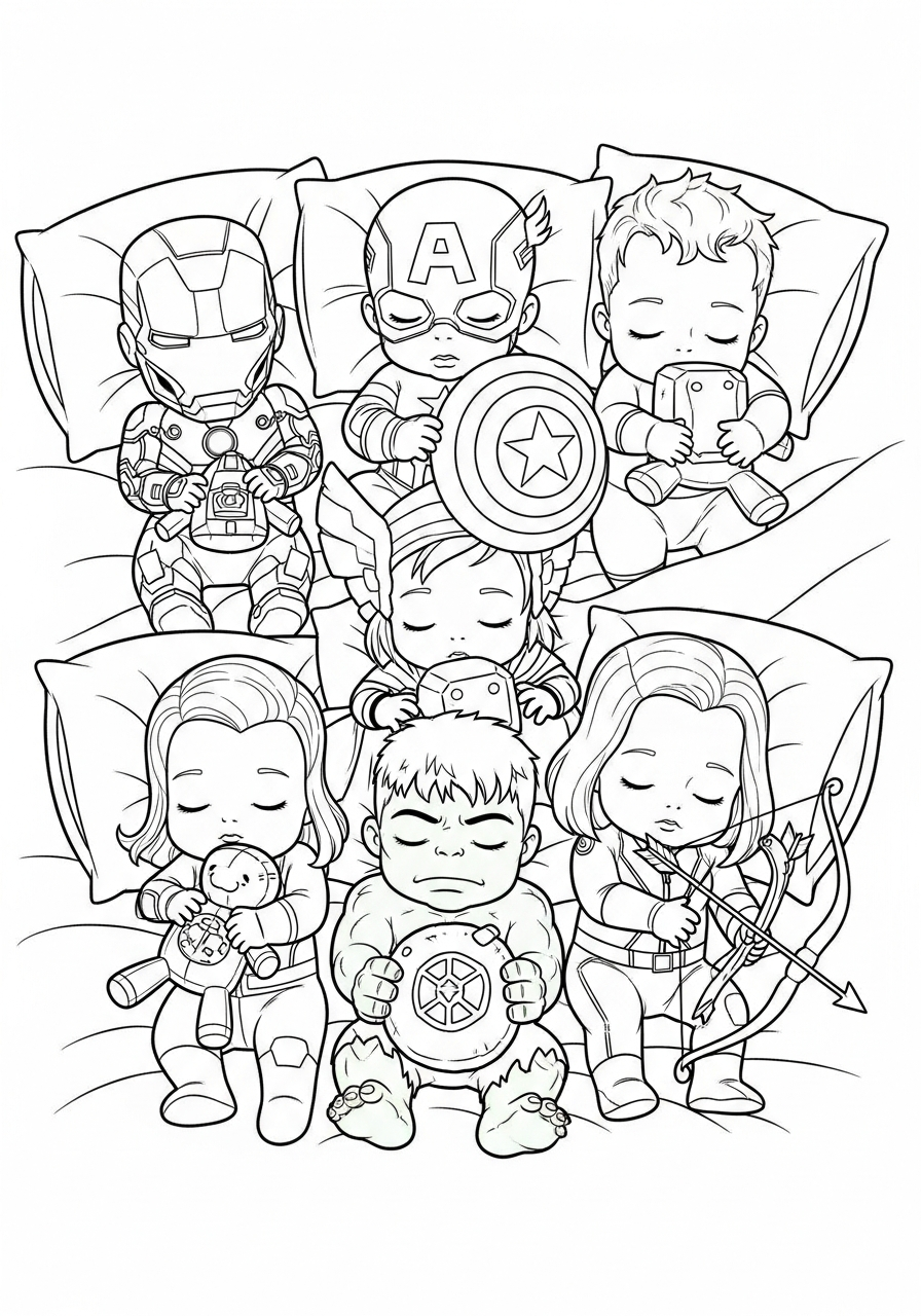 Baby Avengers sleeping with toys coloring page