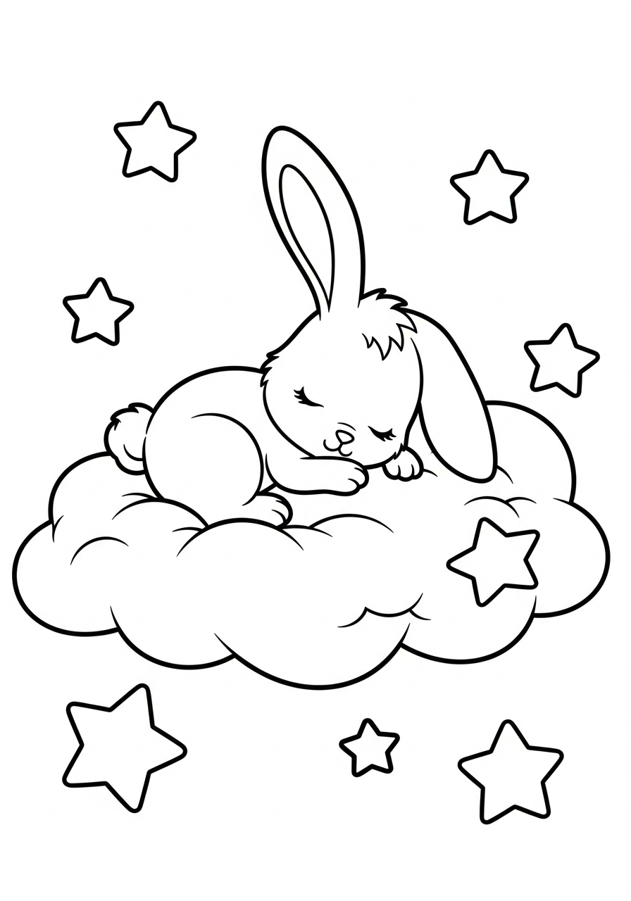 Baby bunny sleeping on cloud coloring page