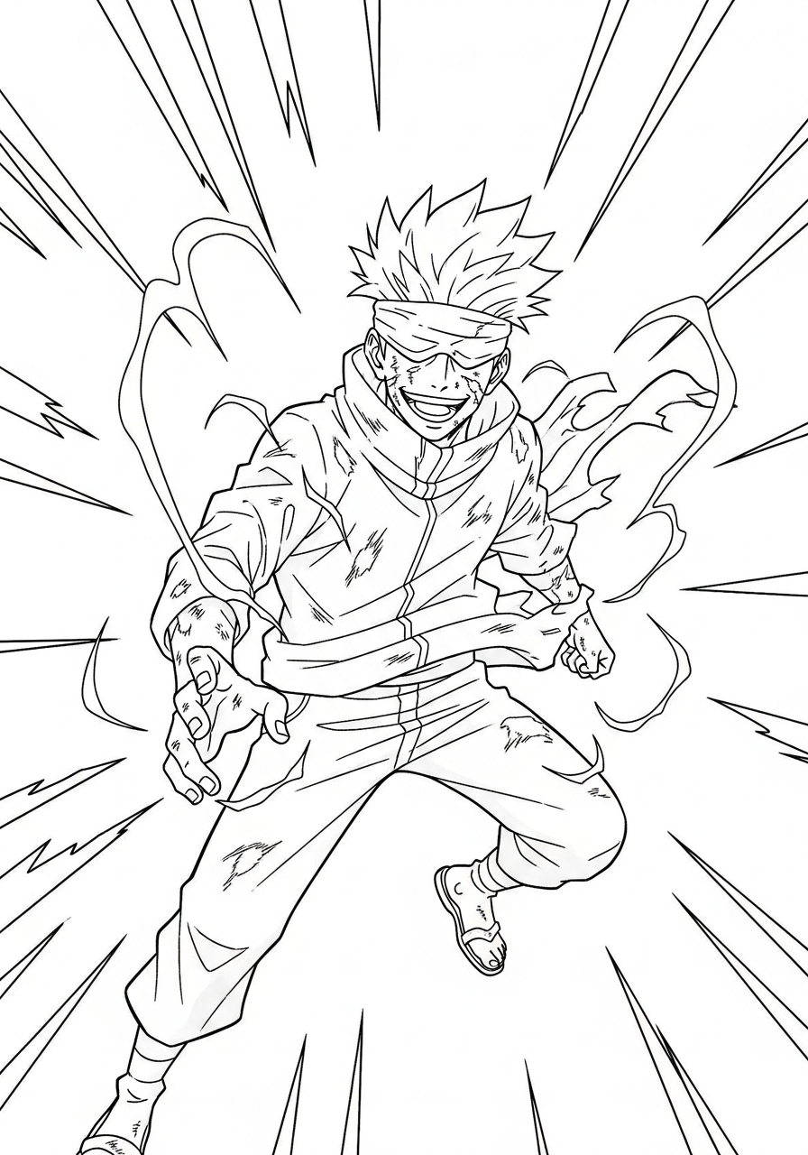 Satoru Gojo Coloring Pages 3 Battle damaged Satoru Gojo smiling coloring page
