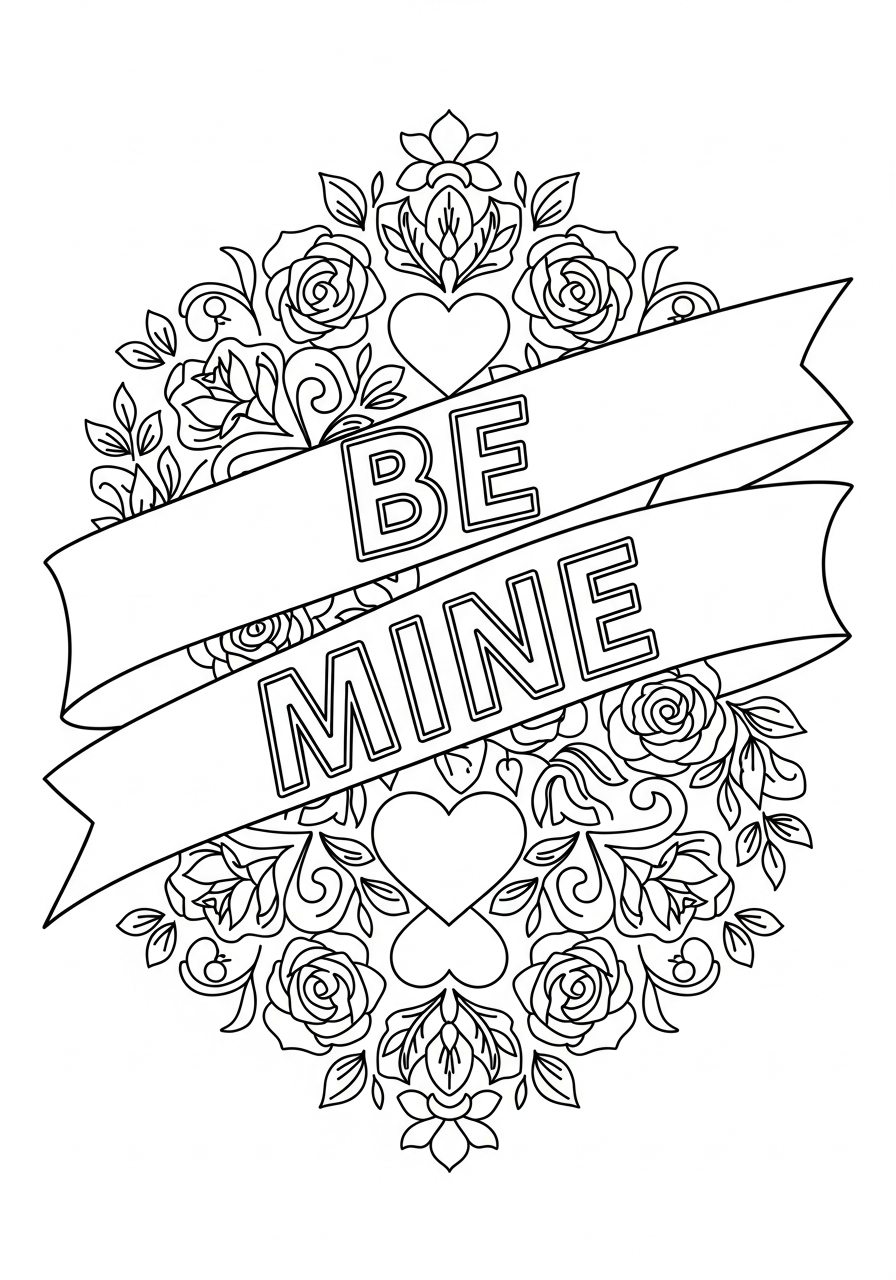 Valentine's Day Coloring Pages 5 Be mine ribbon banner valentine coloring page