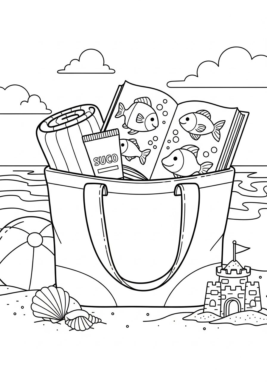 Beach bag with towel sunscreen coloring page