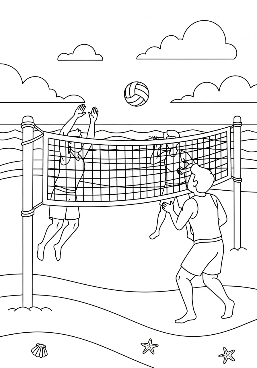 Beach volleyball sport action scene coloring page