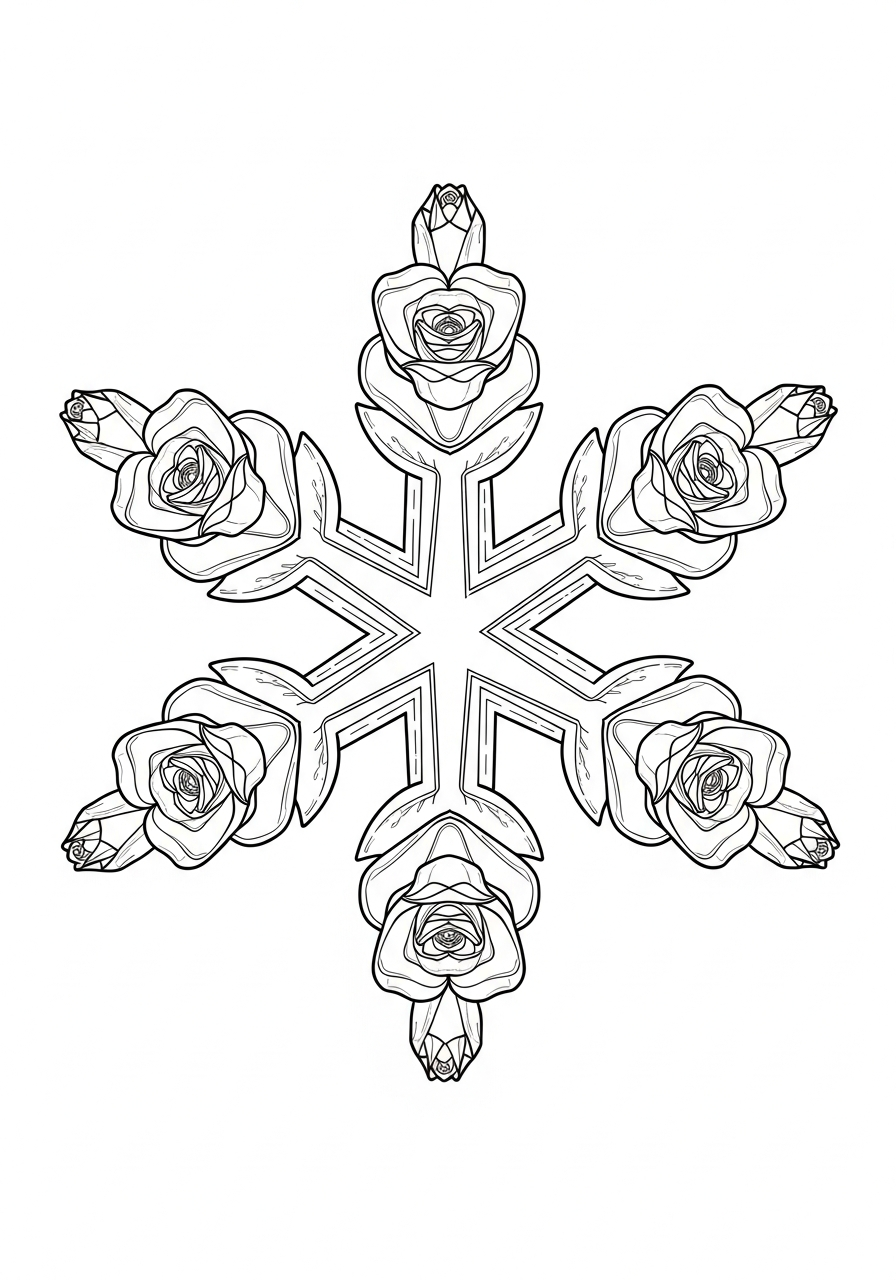 Beautiful blooming rose flower snowflake coloring page