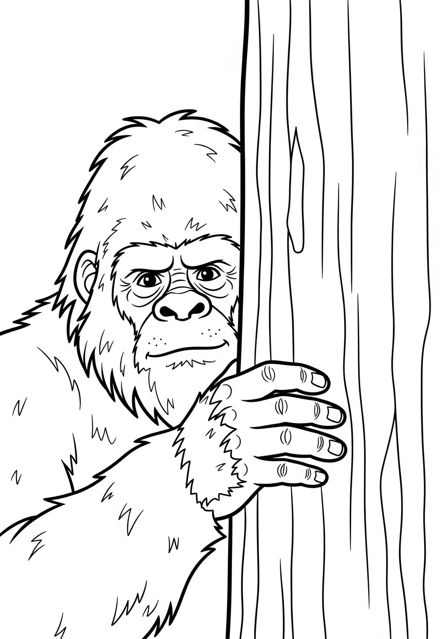 Bigfoot Coloring Pages 2 Bigfoot hiding behind tree trunk coloring page