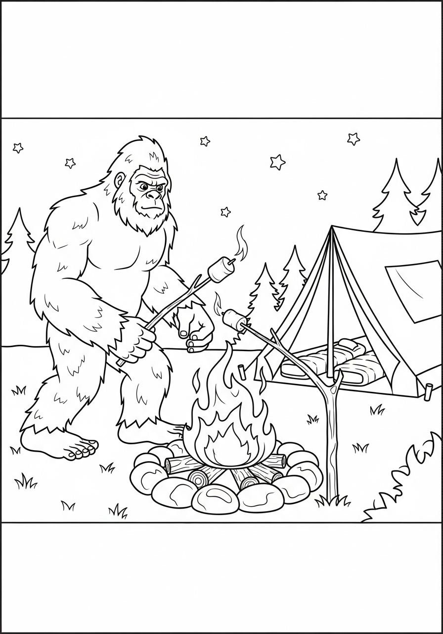 Bigfoot Coloring Pages 4 Bigfoot roasting marshmallows camping fire coloring page