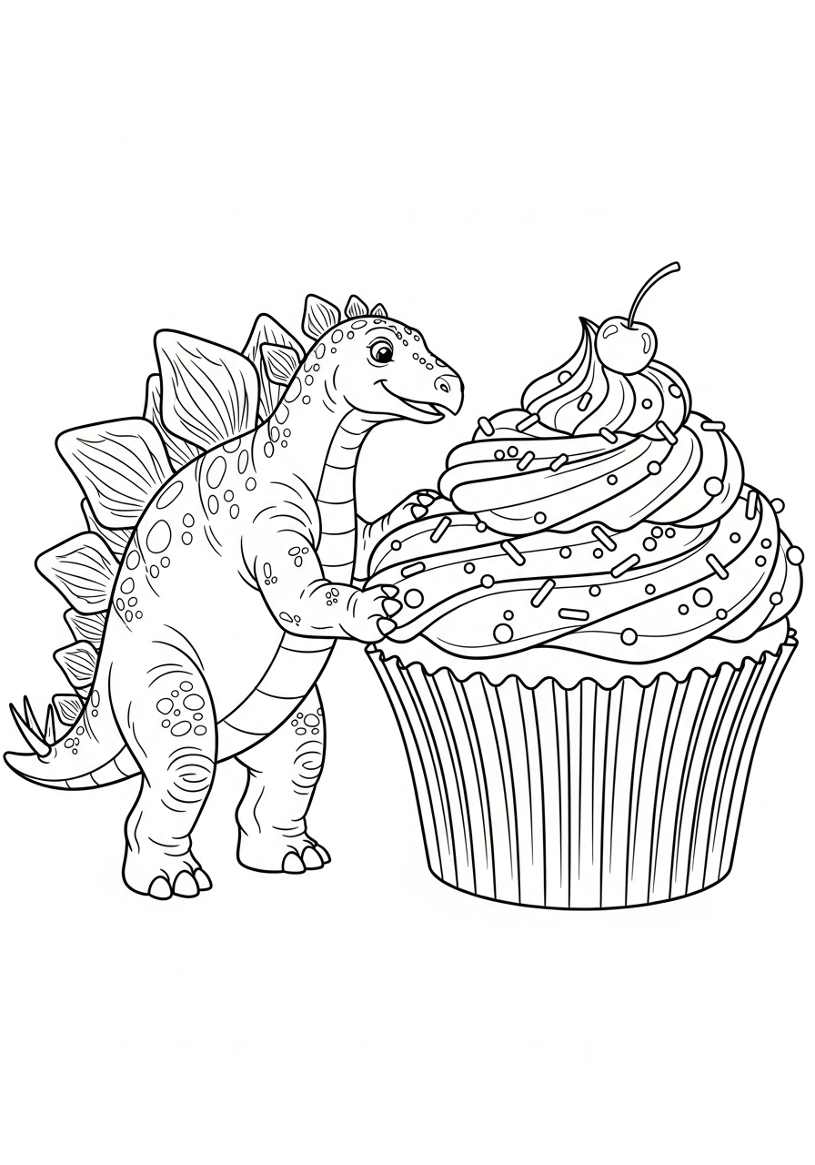 Birthday dinosaur eating cupcake stegosaurus coloring page