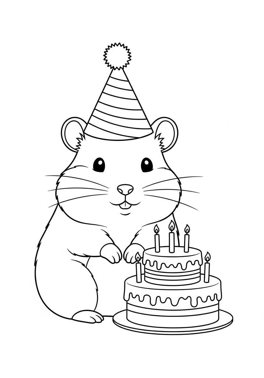 Birthday hamster with cake party coloring page