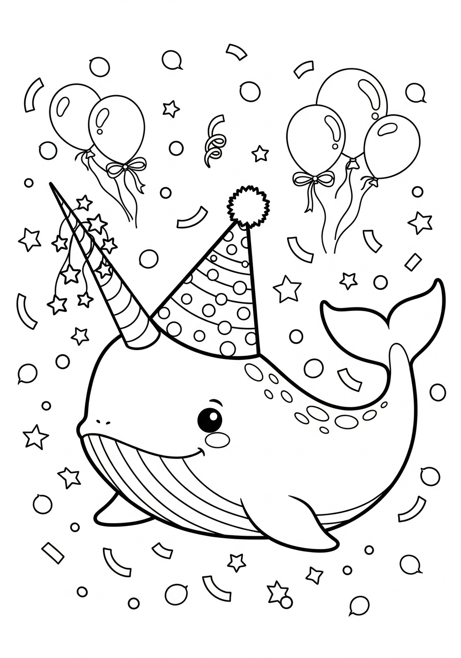 Narwhal Coloring Pages 3 Birthday narwhal with party hat coloring page