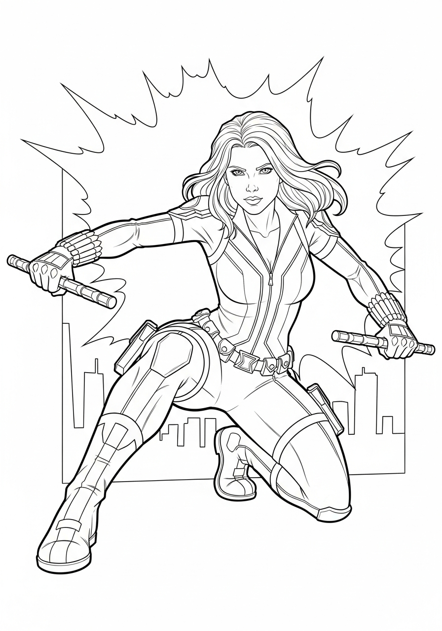 Black Widow action pose hero coloring page