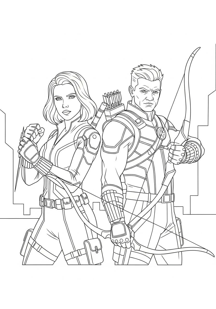 Black Widow and Hawkeye team coloring page