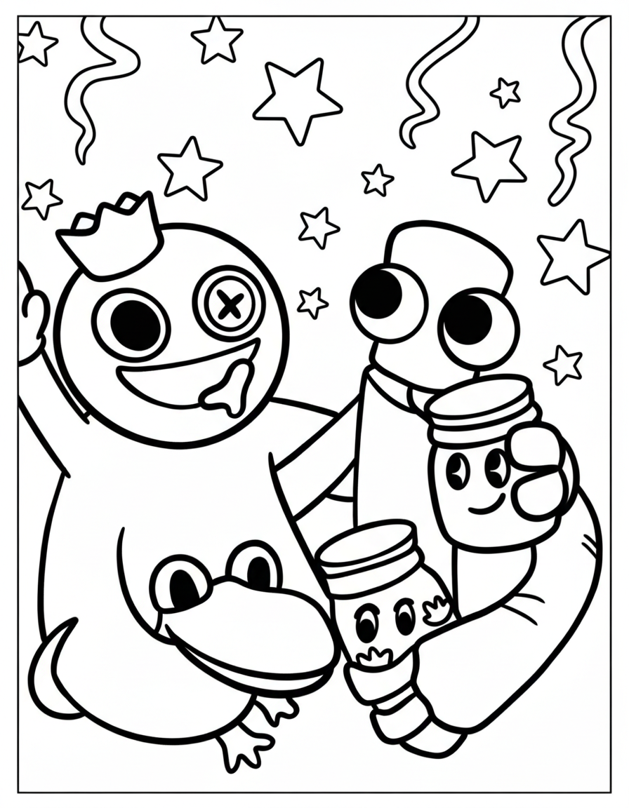 Rainbow Friends Coloring Pages 3 Blue Green Red celebrating Rainbow Friends coloring page