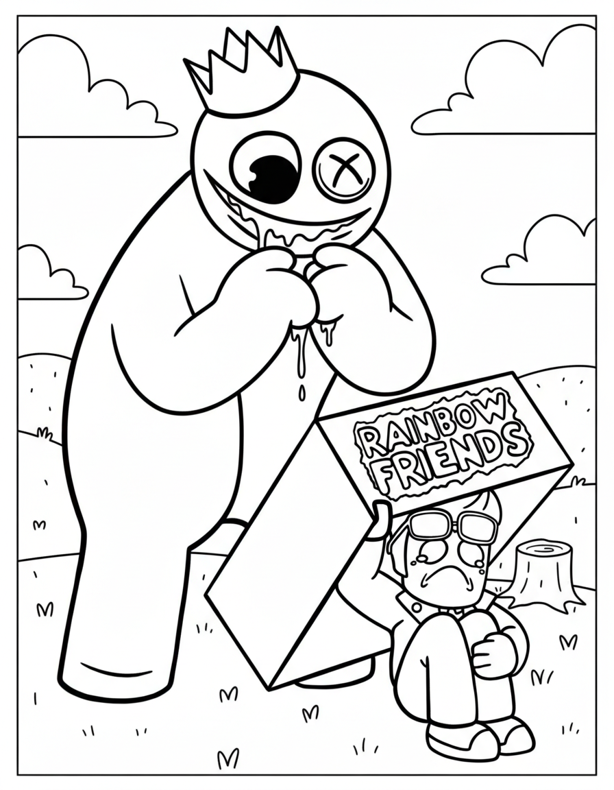 Rainbow Friends Coloring Pages 2 Blue finding hidden player Rainbow Friends coloring page