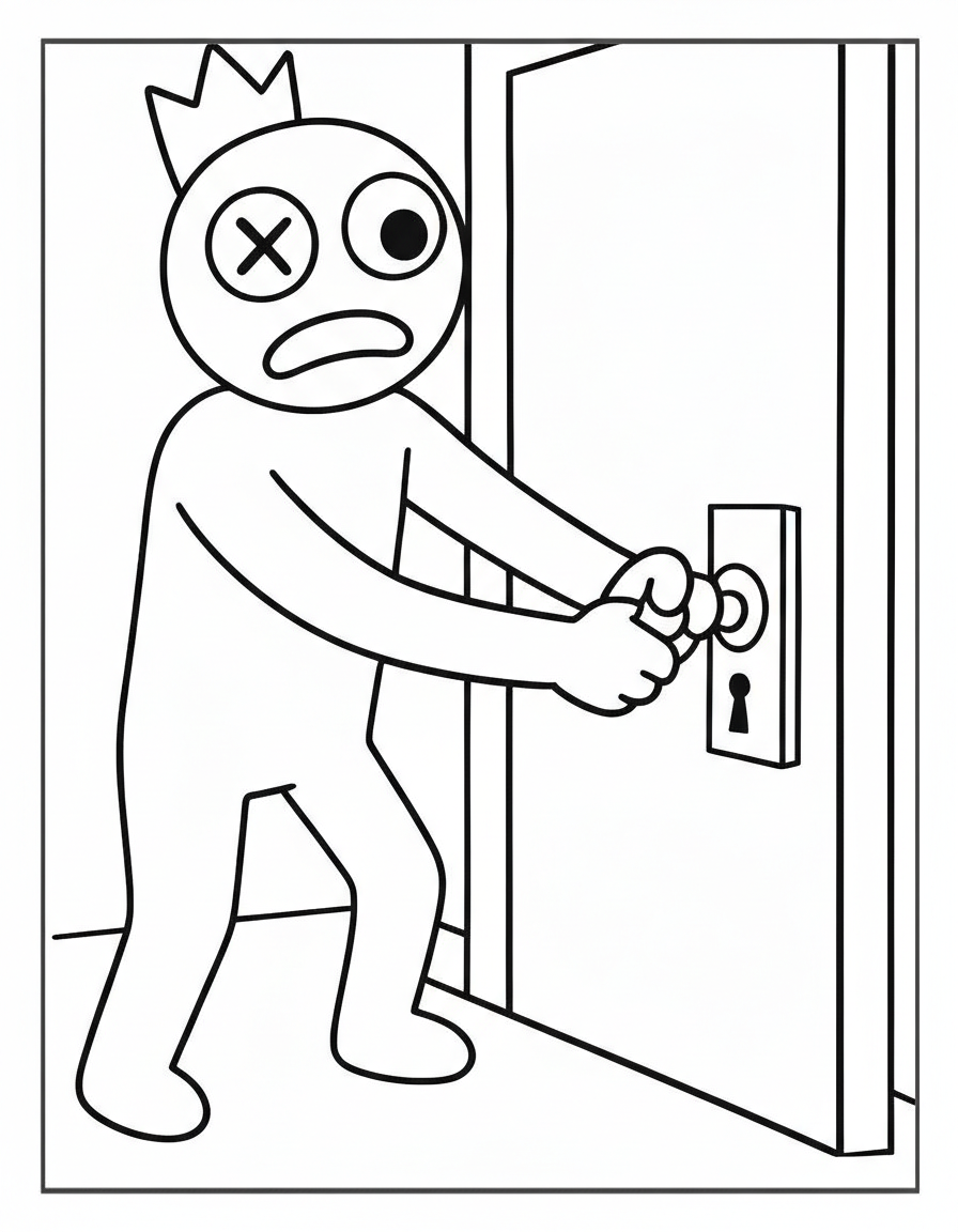 Rainbow Friends Coloring Pages 4 Blue opening door handle Rainbow Friends coloring page
