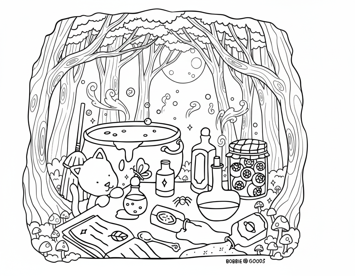 Bobbie Goods coloring pages cat making magic potions