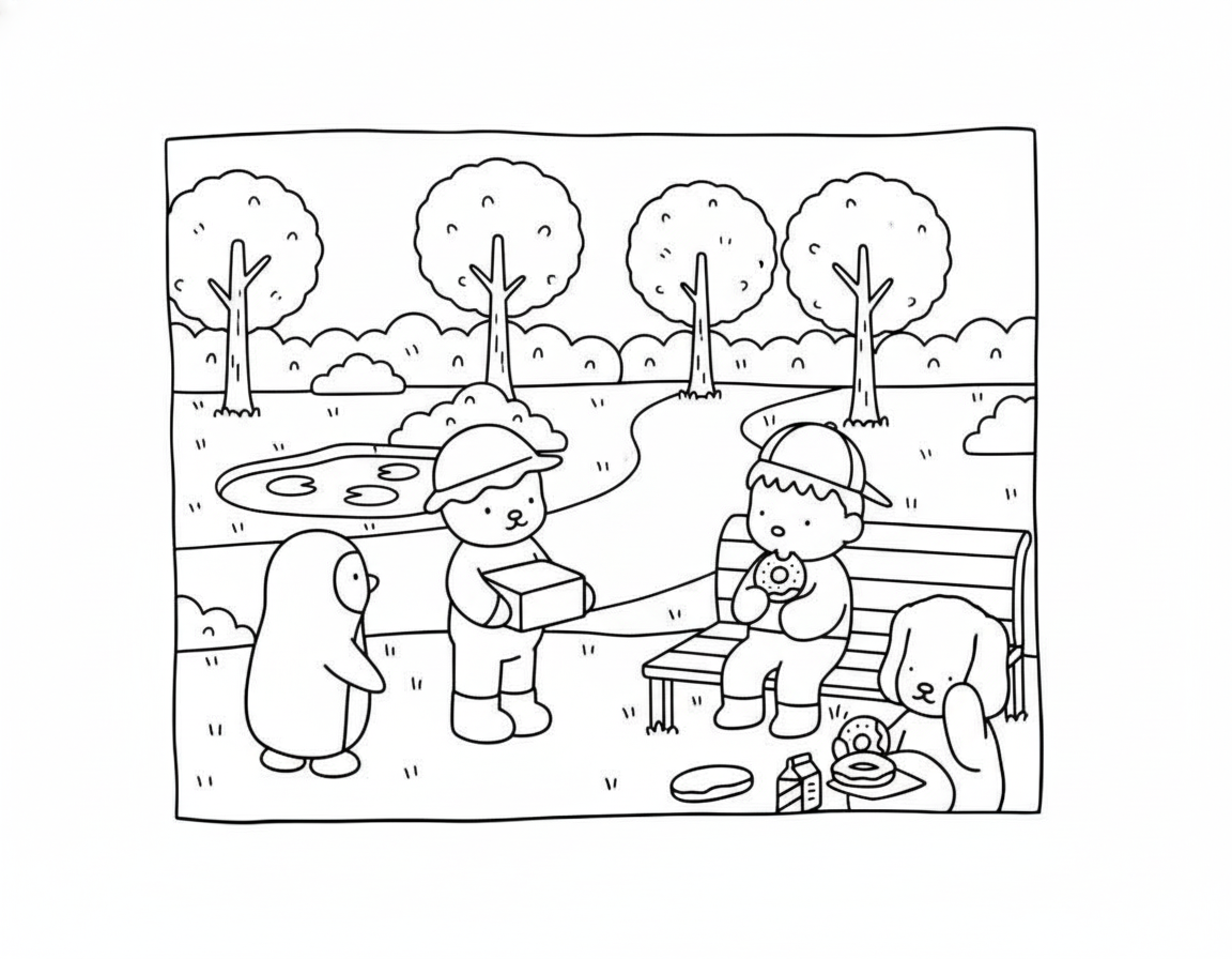 Bobbie Goods coloring pages eating donuts in park