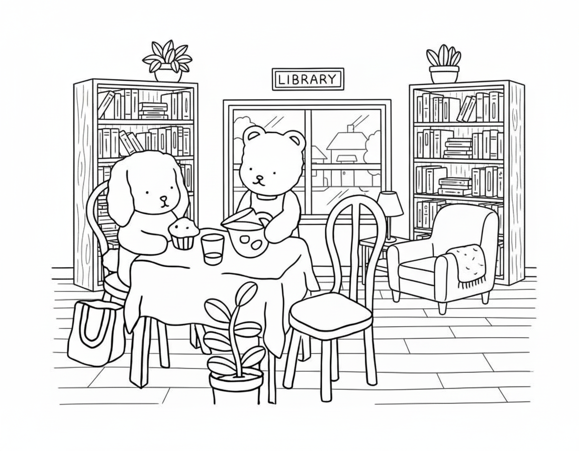 Bobbie Goods coloring pages tea party in library