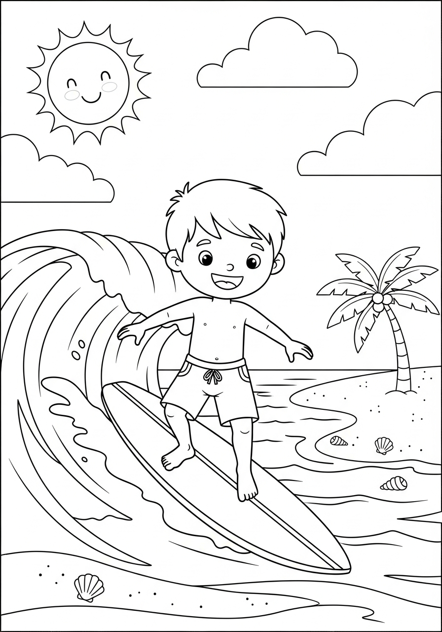 Boy surfing on ocean waves coloring page