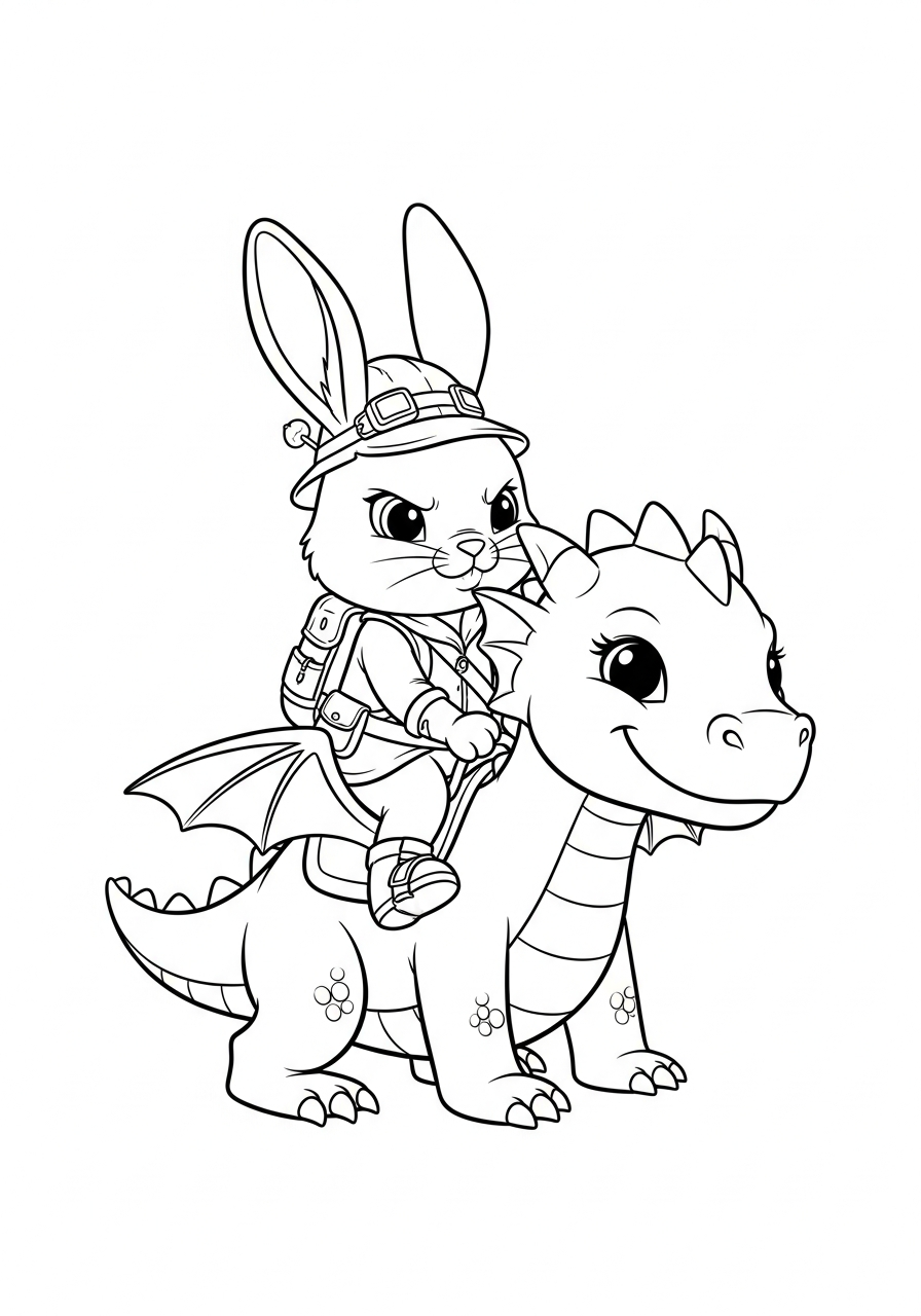 Brave bunny riding friendly dragon coloring page