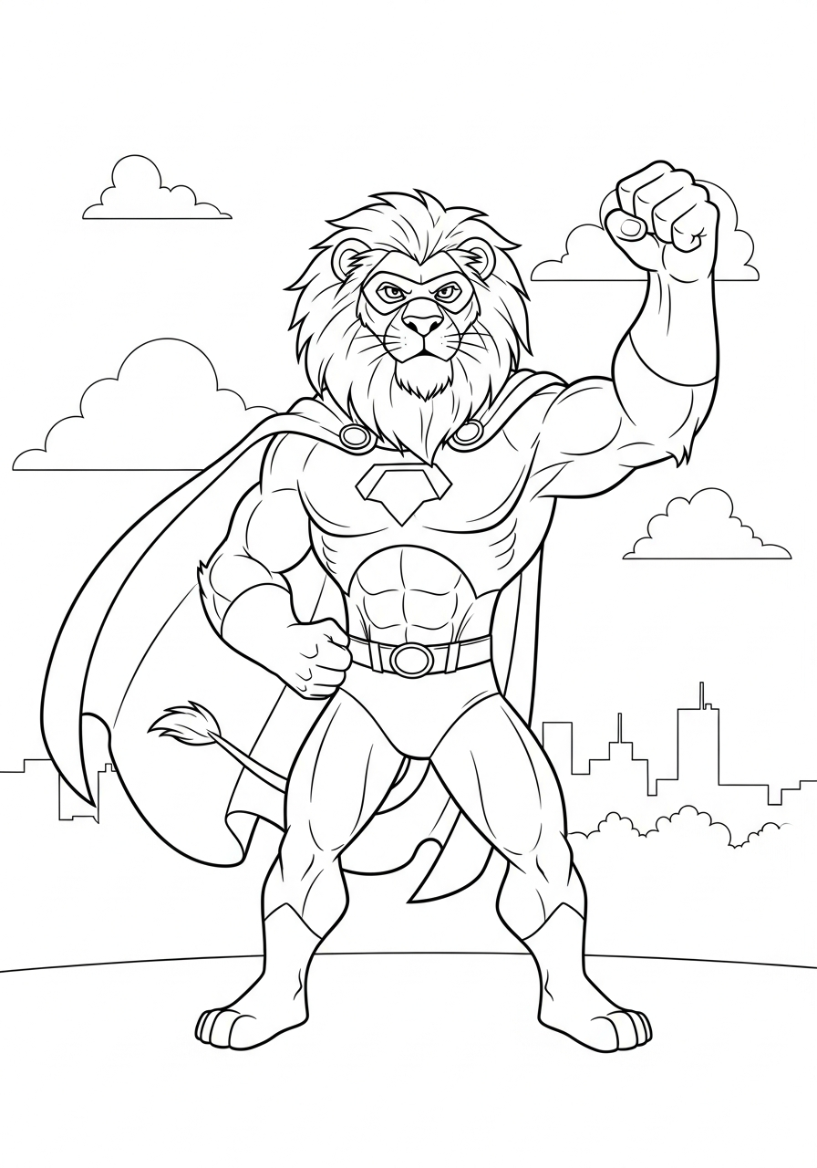 Brave superhero lion with cape coloring page