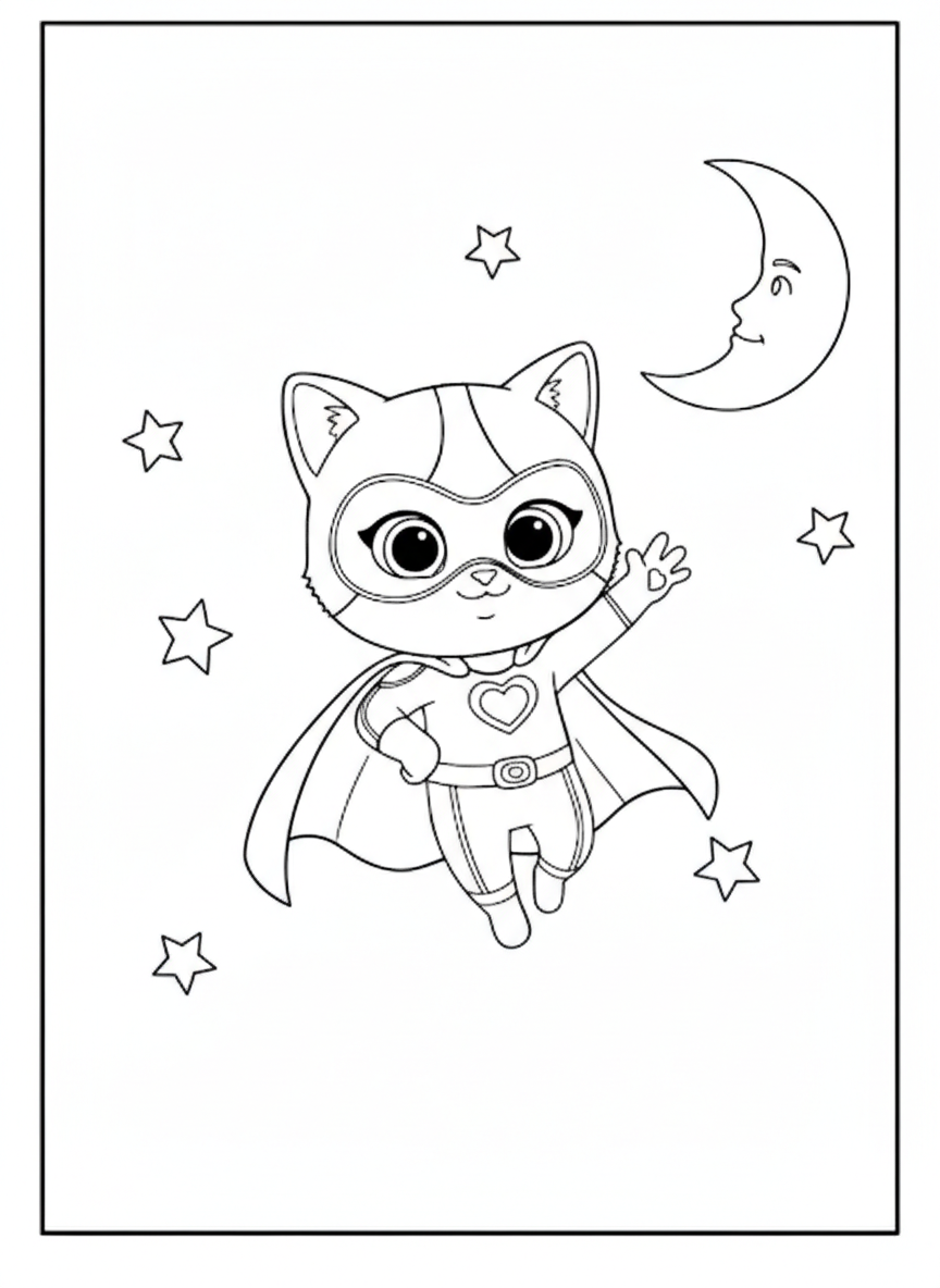 Buddy flying night sky SuperKitties coloring page