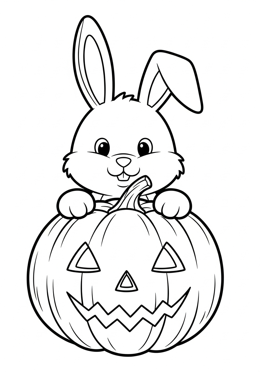 Bunny behind carved Halloween pumpkin coloring page