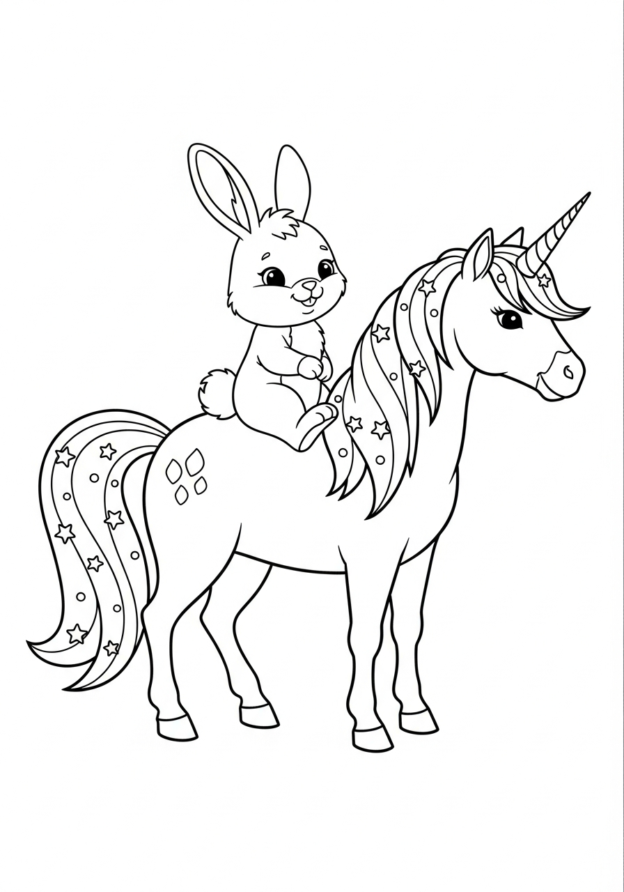 Bunny riding magical unicorn friend coloring page