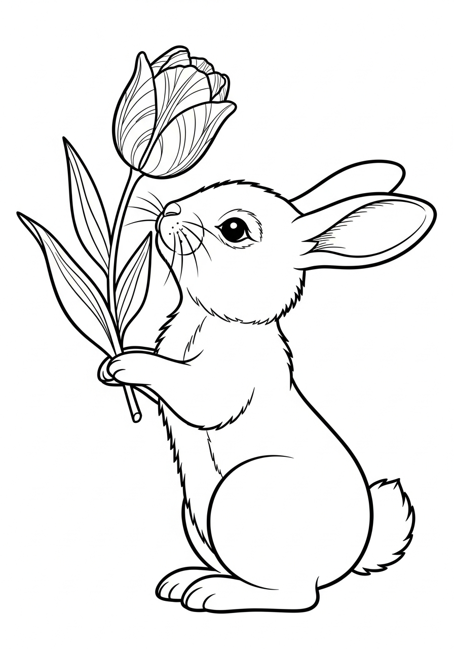 Bunny smelling spring tulip flower coloring page