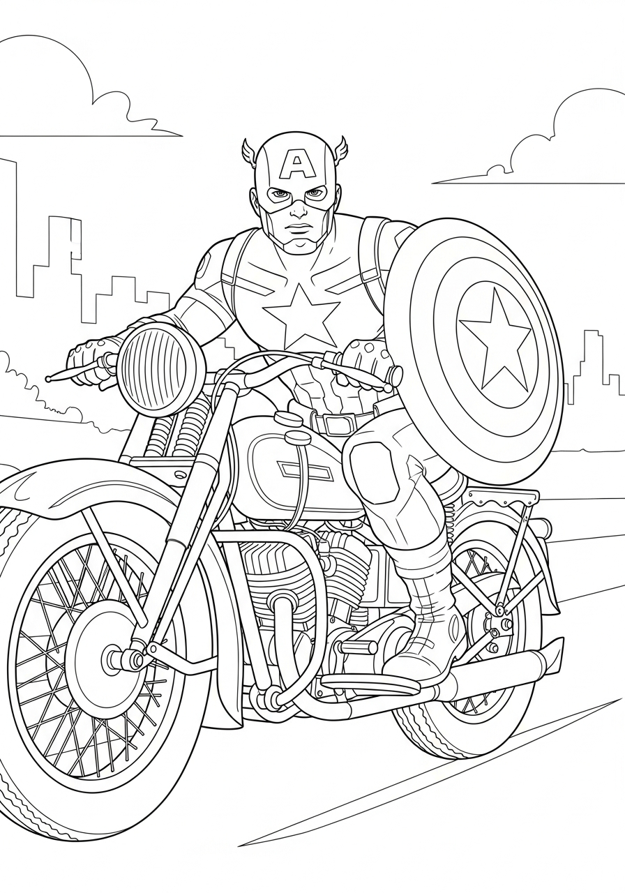 Captain America riding vintage motorcycle coloring page