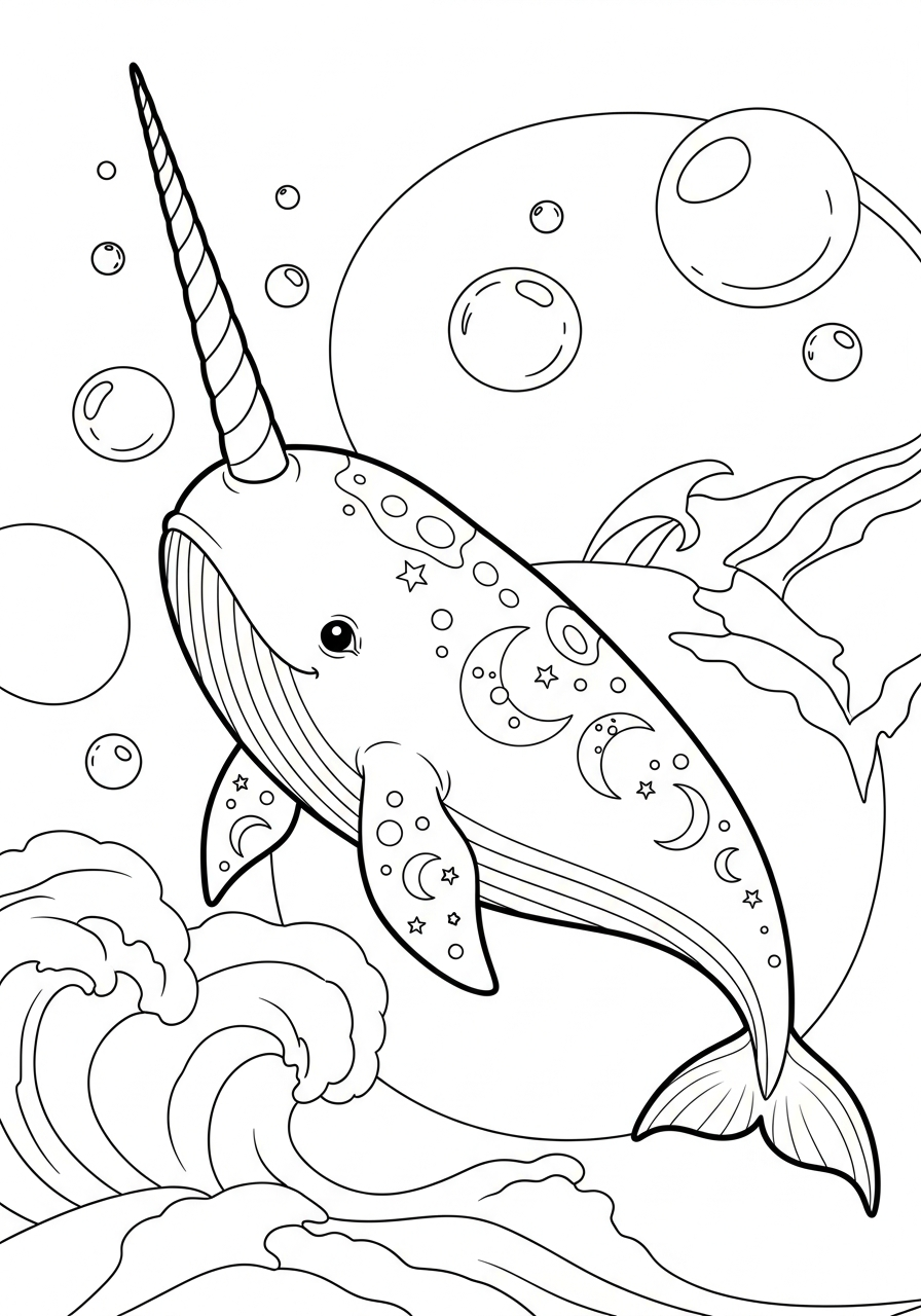 Narwhal Coloring Pages 4 Celestial narwhal with moon stars coloring page