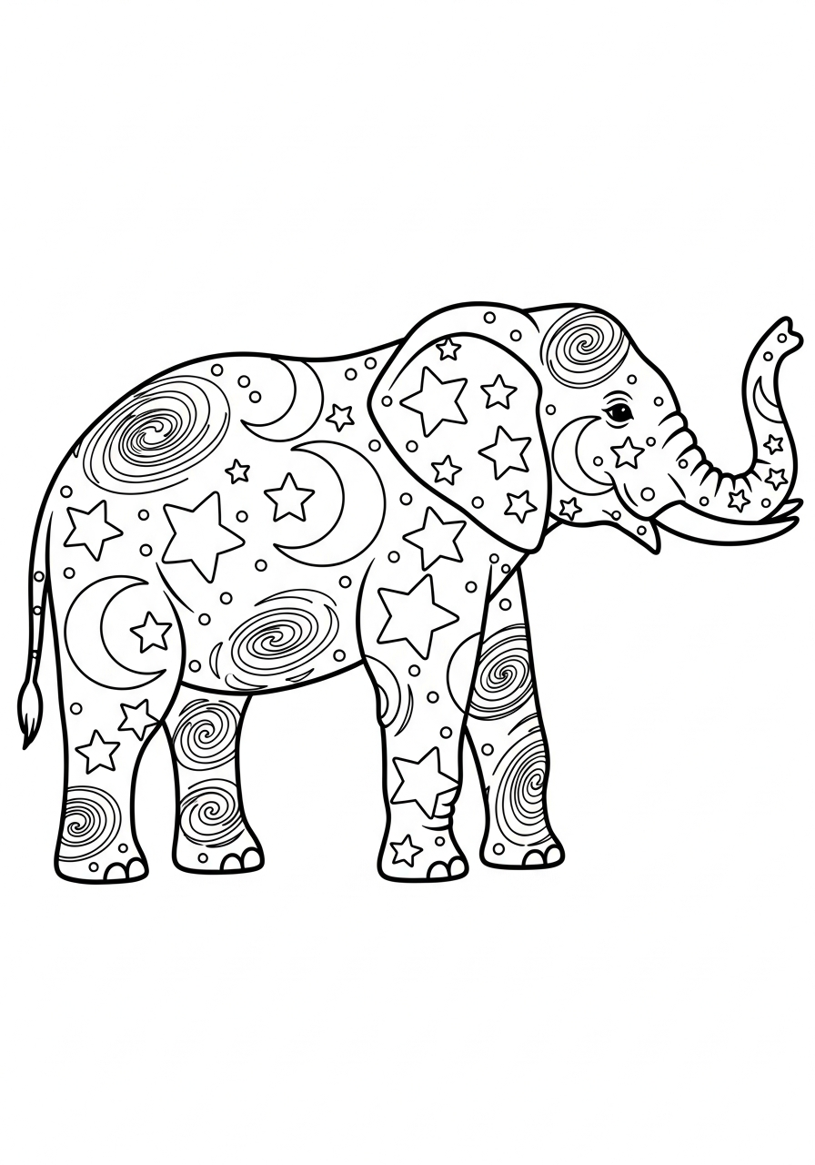 Elephant Coloring Pages 9 Celestial stars and moon elephant coloring page