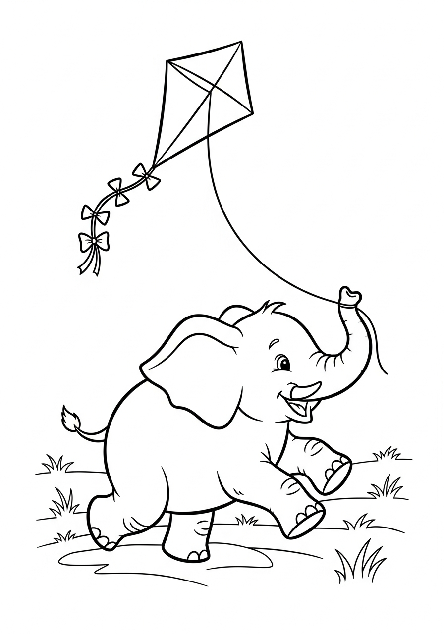 Elephant Coloring Pages 10 Cheerful elephant flying a kite coloring page