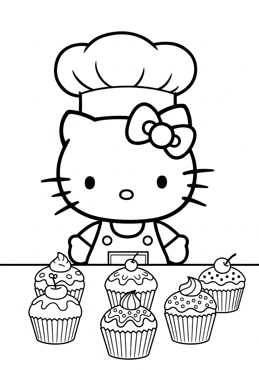 Chef Hello Kitty baking cupcakes coloring page