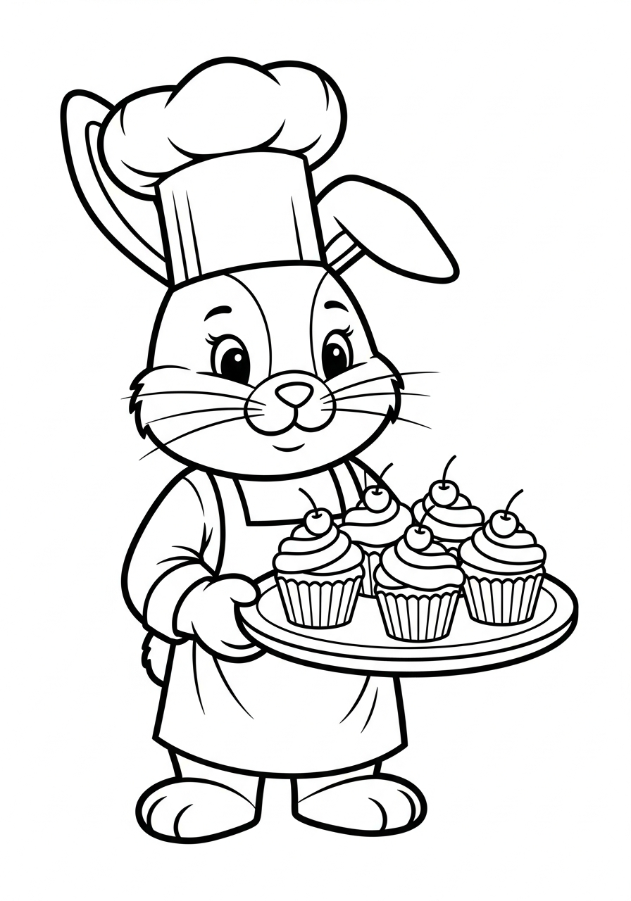 Chef bunny holding cupcakes tray coloring page