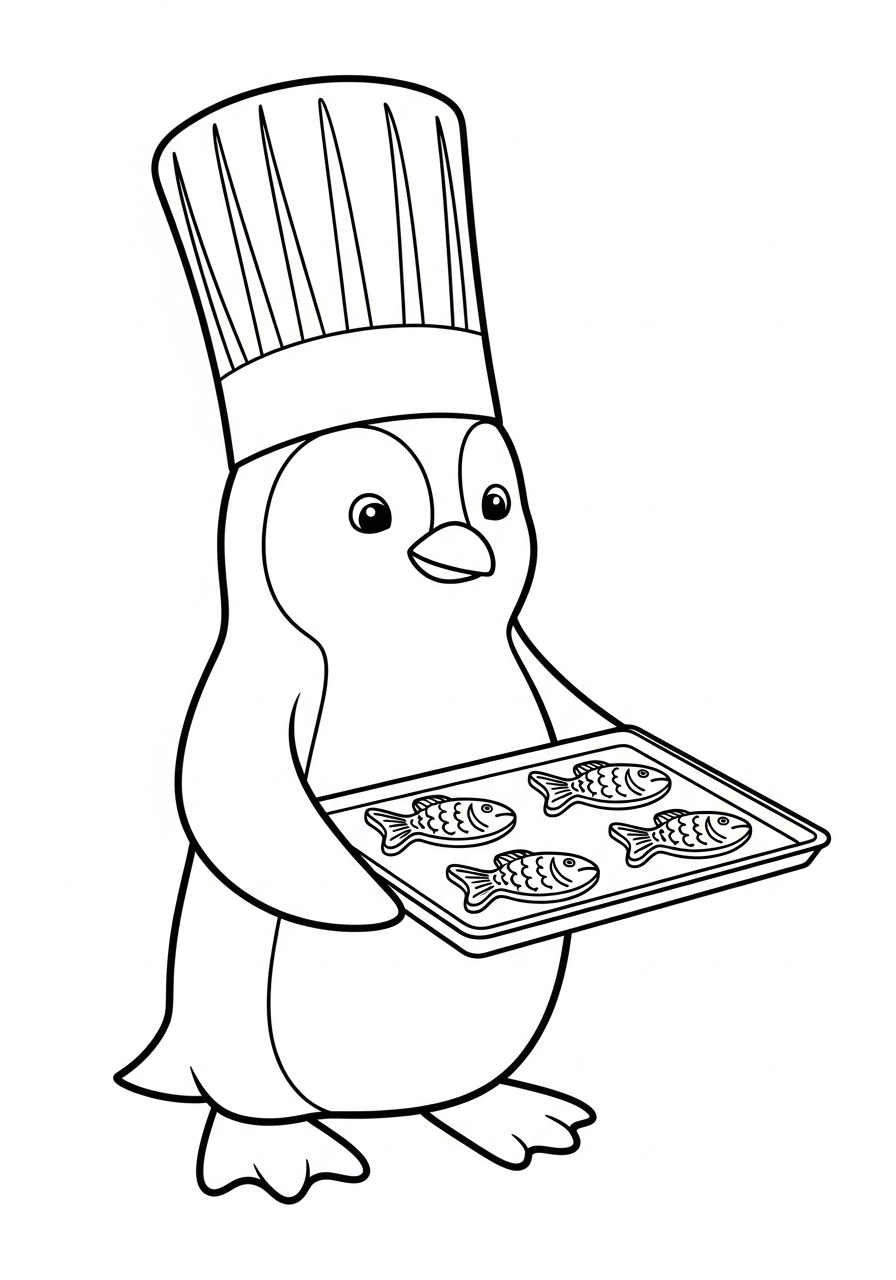 Chef penguin baking fish cookies coloring page