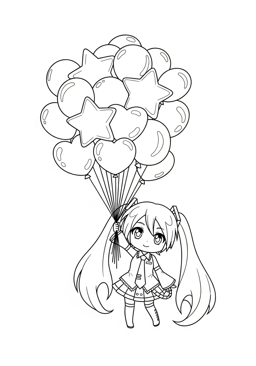 Chibi Miku holding balloons coloring page