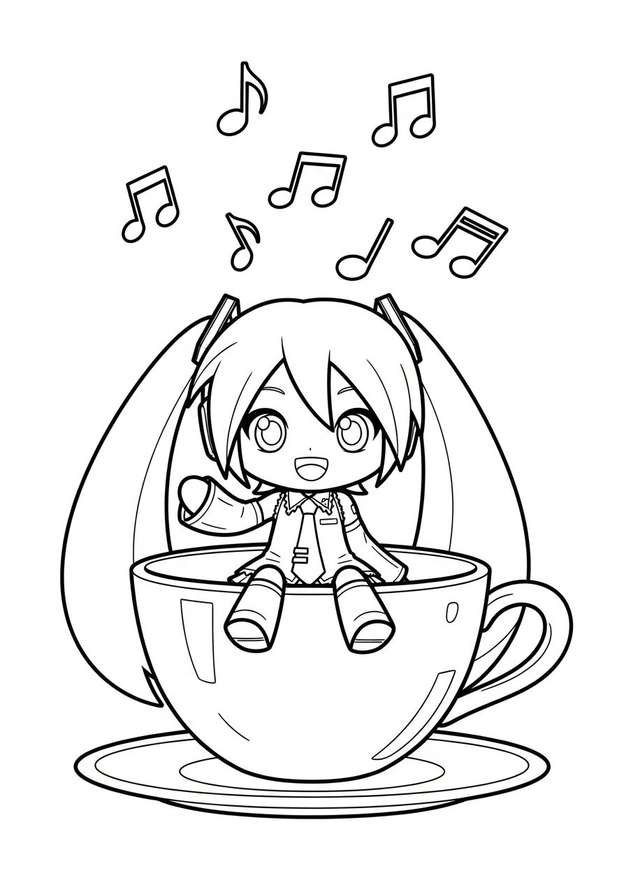 Chibi Miku in teacup coloring page