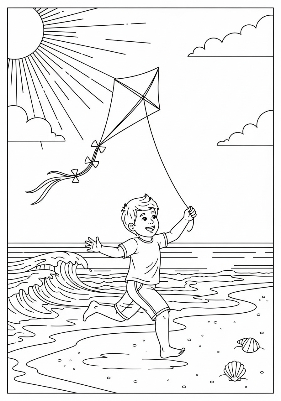 Child flying kite on beach coloring page
