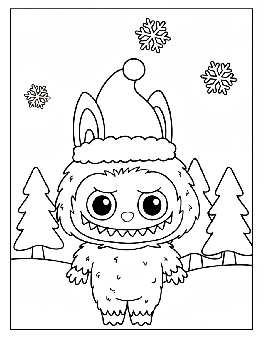 Christmas Labubu wearing Santa hat coloring page