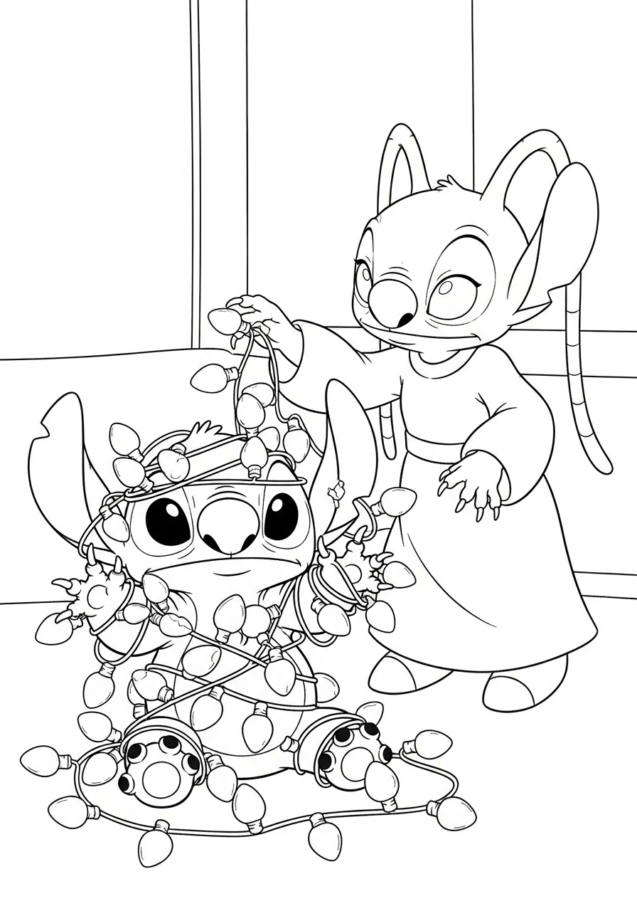 Christmas Stitch and Angel lights coloring page