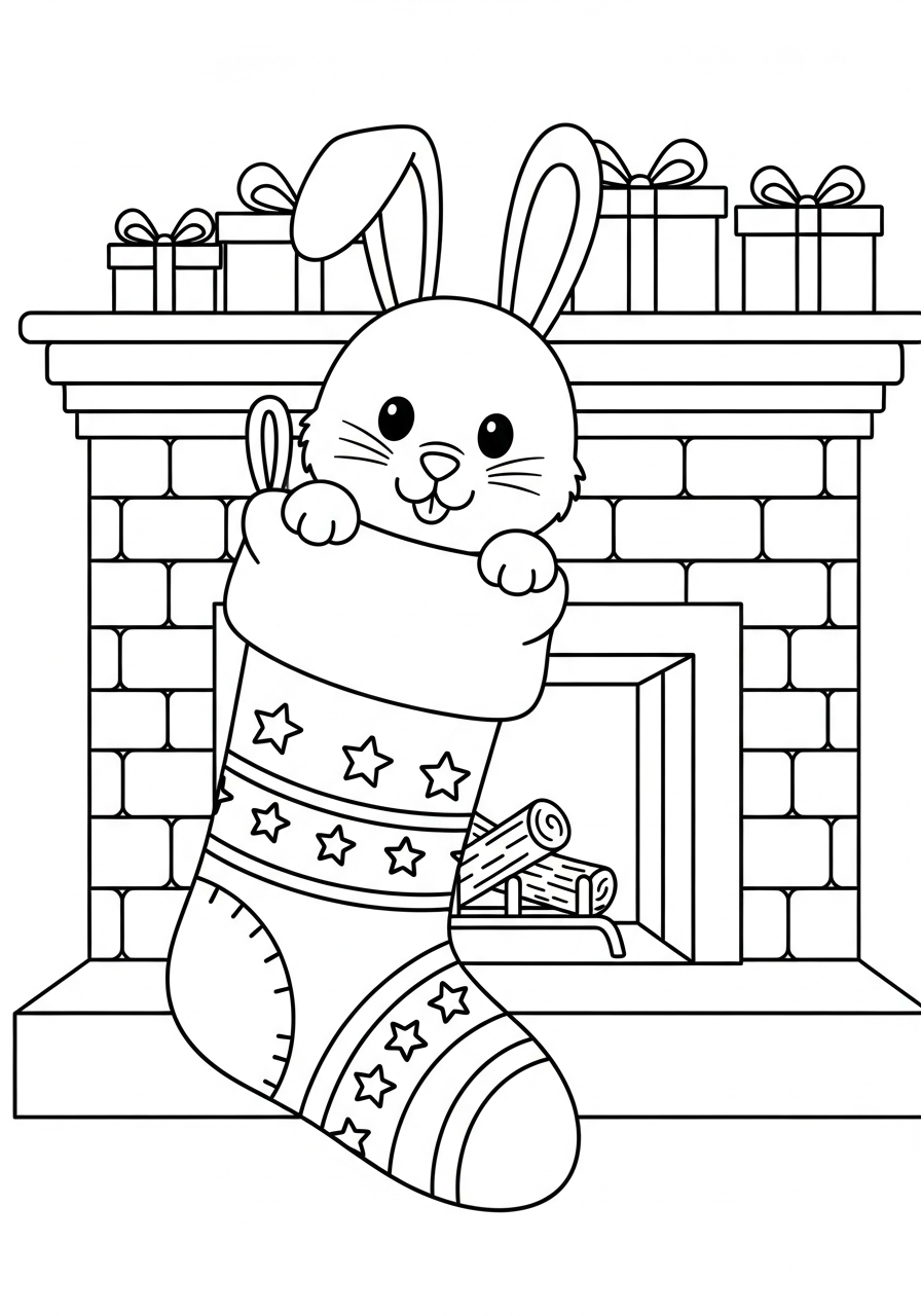 Christmas bunny in holiday stocking coloring page