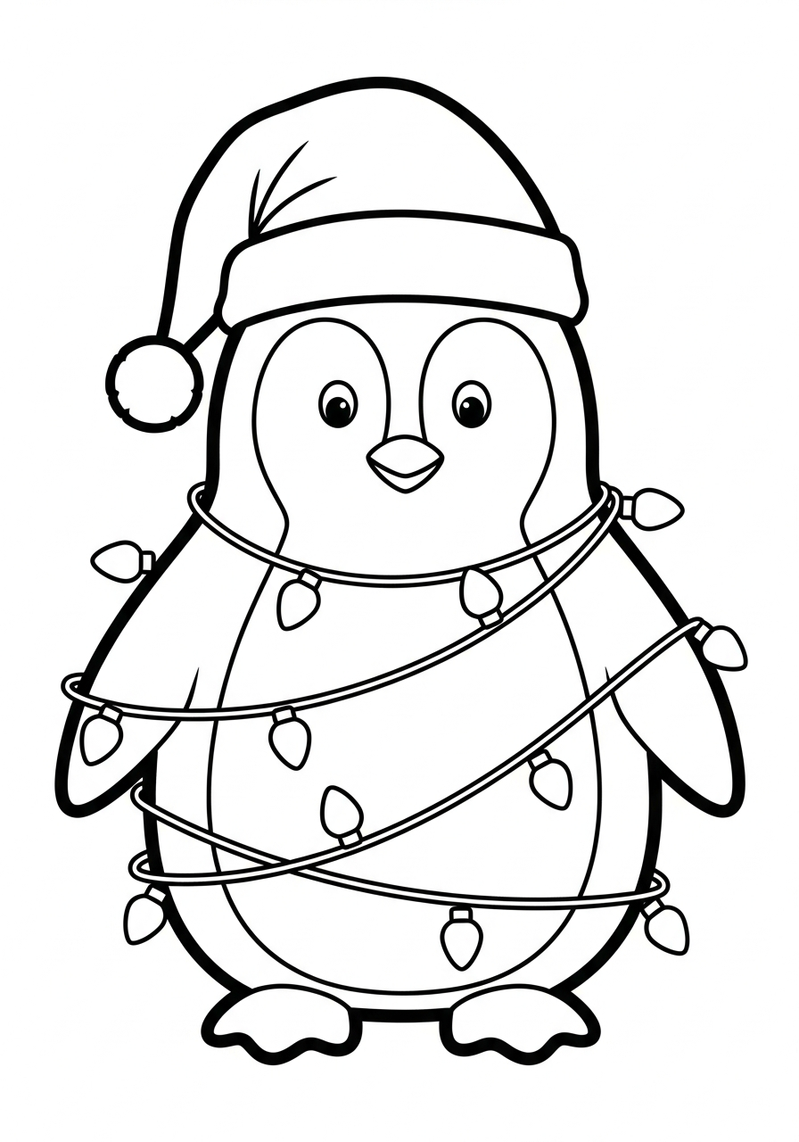 Christmas penguin with santa hat coloring page